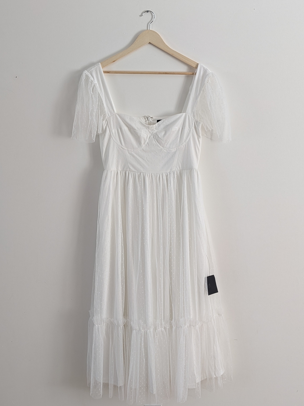 NWT LULU'S Dreamy Celebration Tulle Bustier Swiss Dot Midi Dress